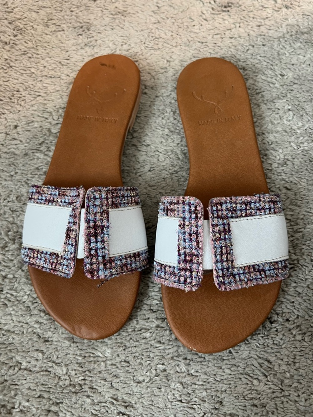 Italian Woven Tweed White Slide Sandals for Women